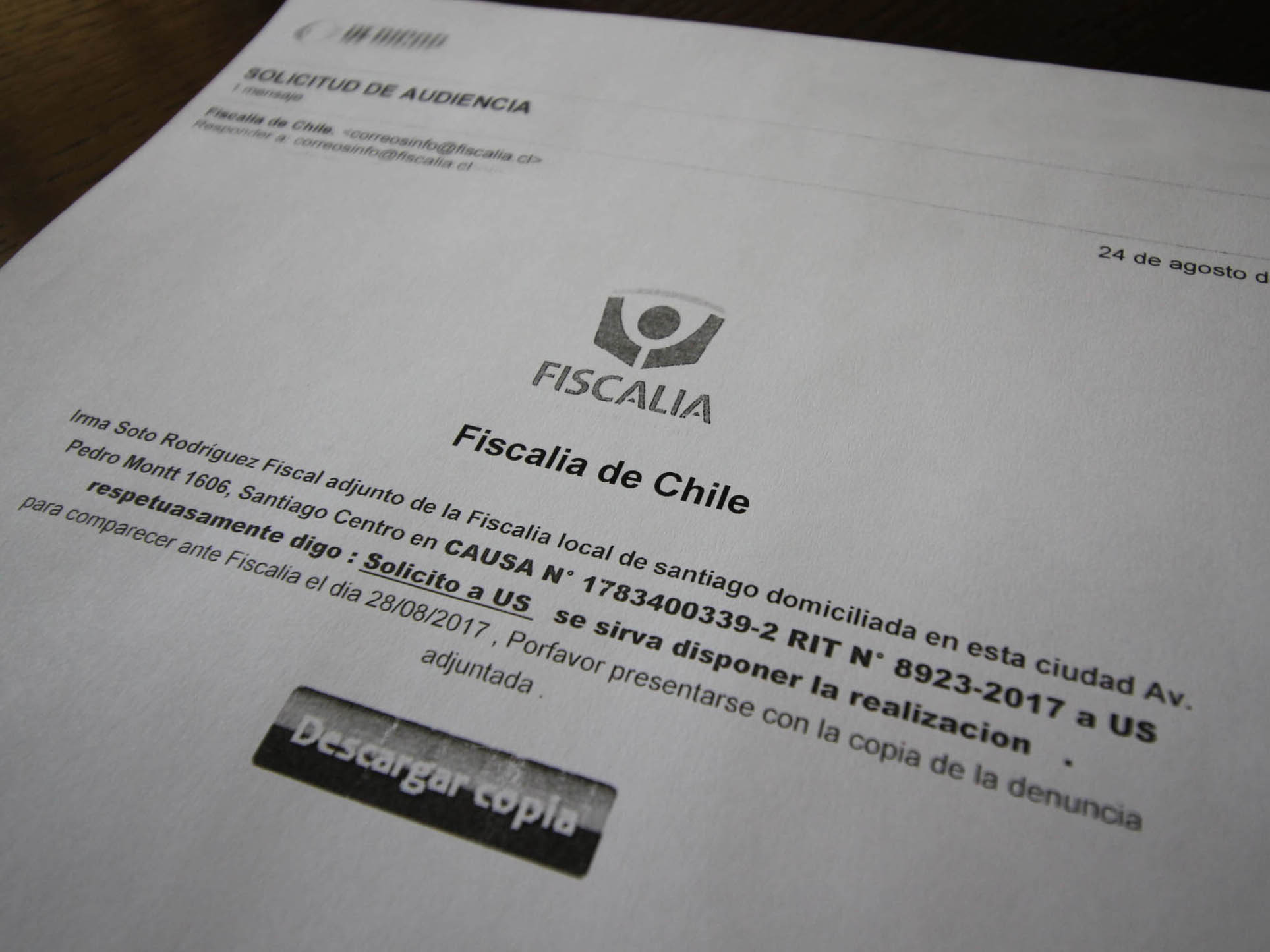 Este es el correo falso que está circulando en la red. Desde la Fiscalía de Atacama llamaron a no abrirlo.