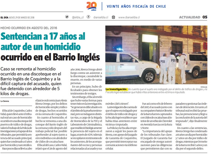 Diario El Día titula esta crónica de un caso de homicidio ocurrido en Coquimbo.